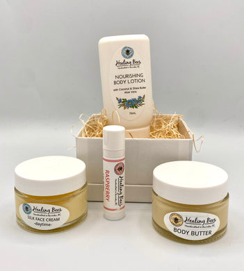 Healing Bees Natural Skincare - Nourishing Gift Basket with lotion and body butter and lip balm and silk face cream 